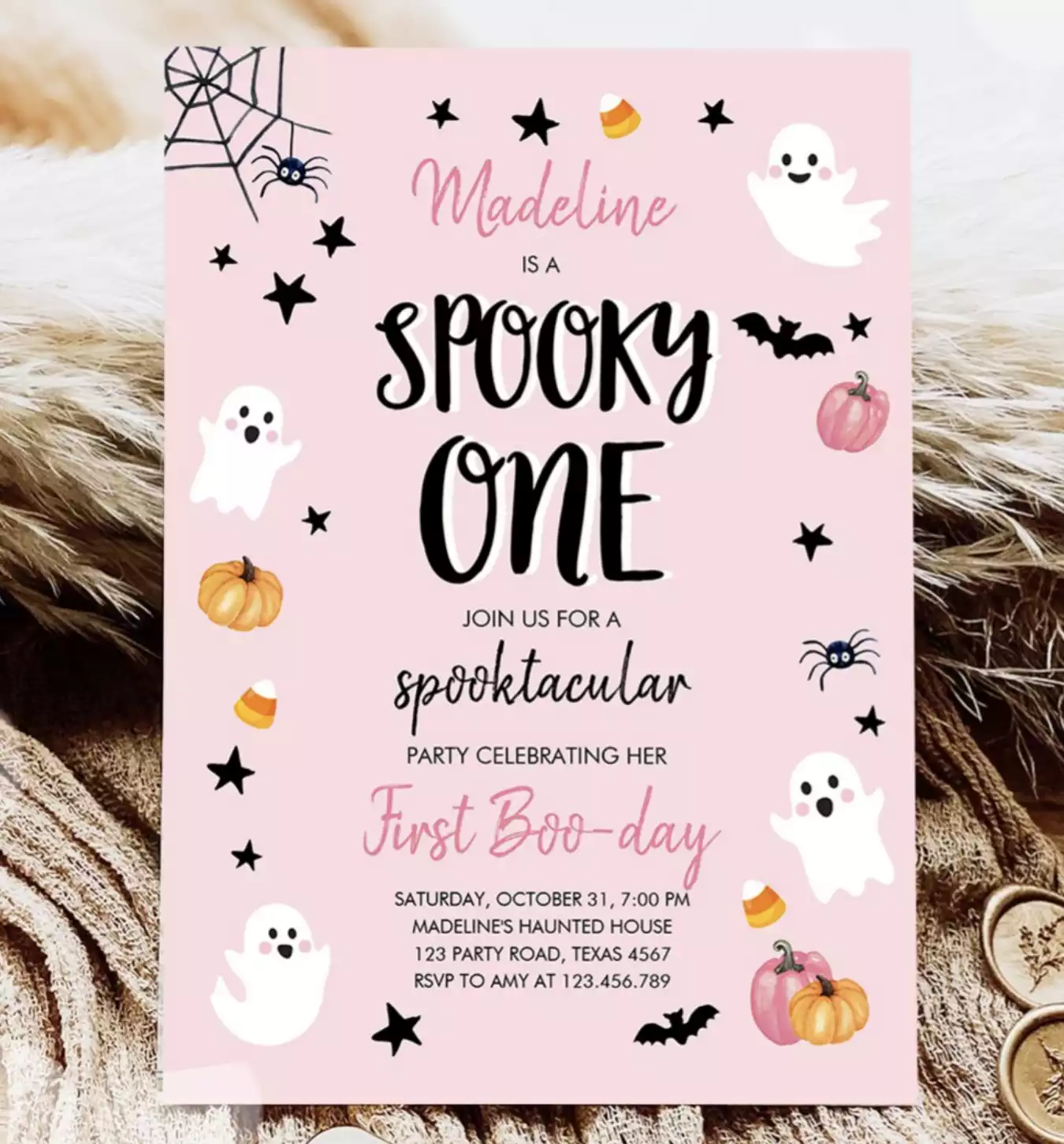 Pink Ghost Halloween Spooky One 1st Birthday Party Invitation