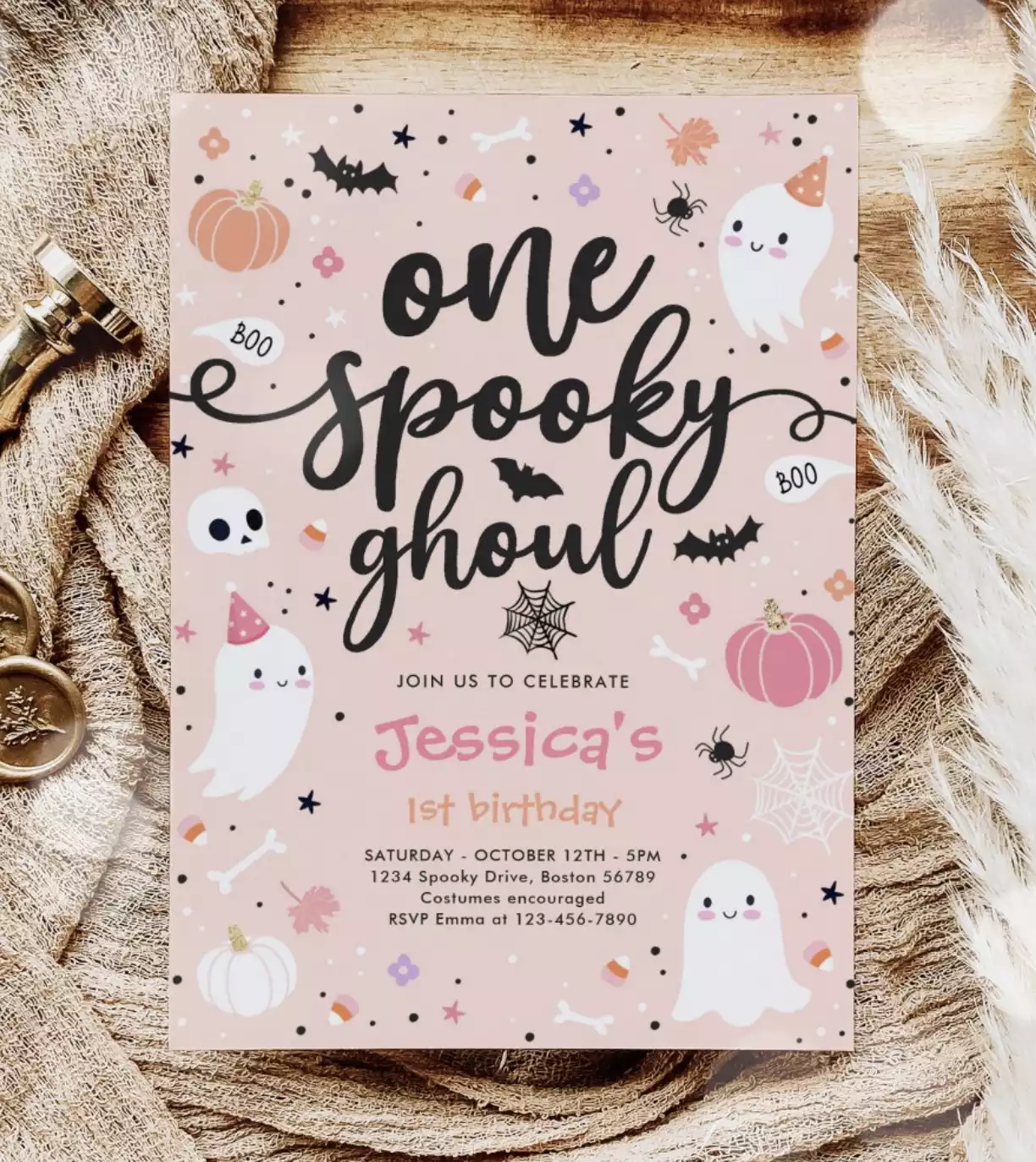 One Spooky Ghoul Cute Halloween Ghost 1st Birthday Invitation