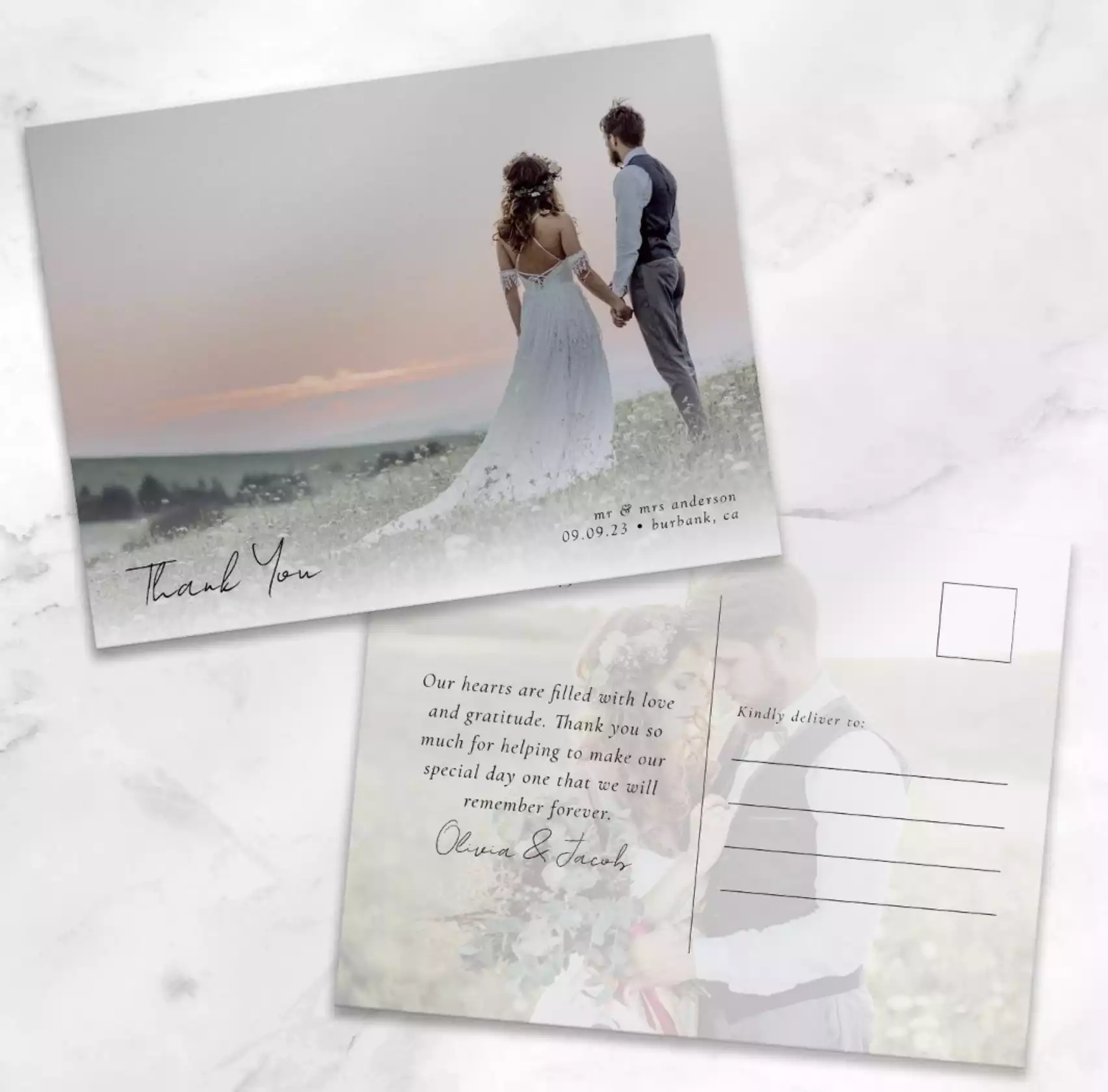 Elegant Calligraphy Photo Wedding Thank You Postcard