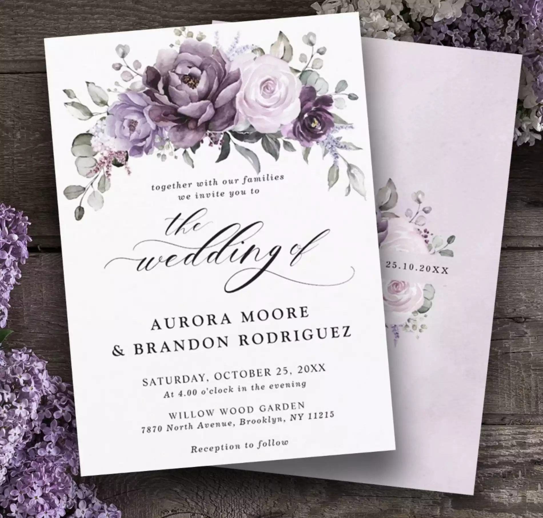 Shades of Dusty Purple Blooms Moody Floral Wedding Invitation