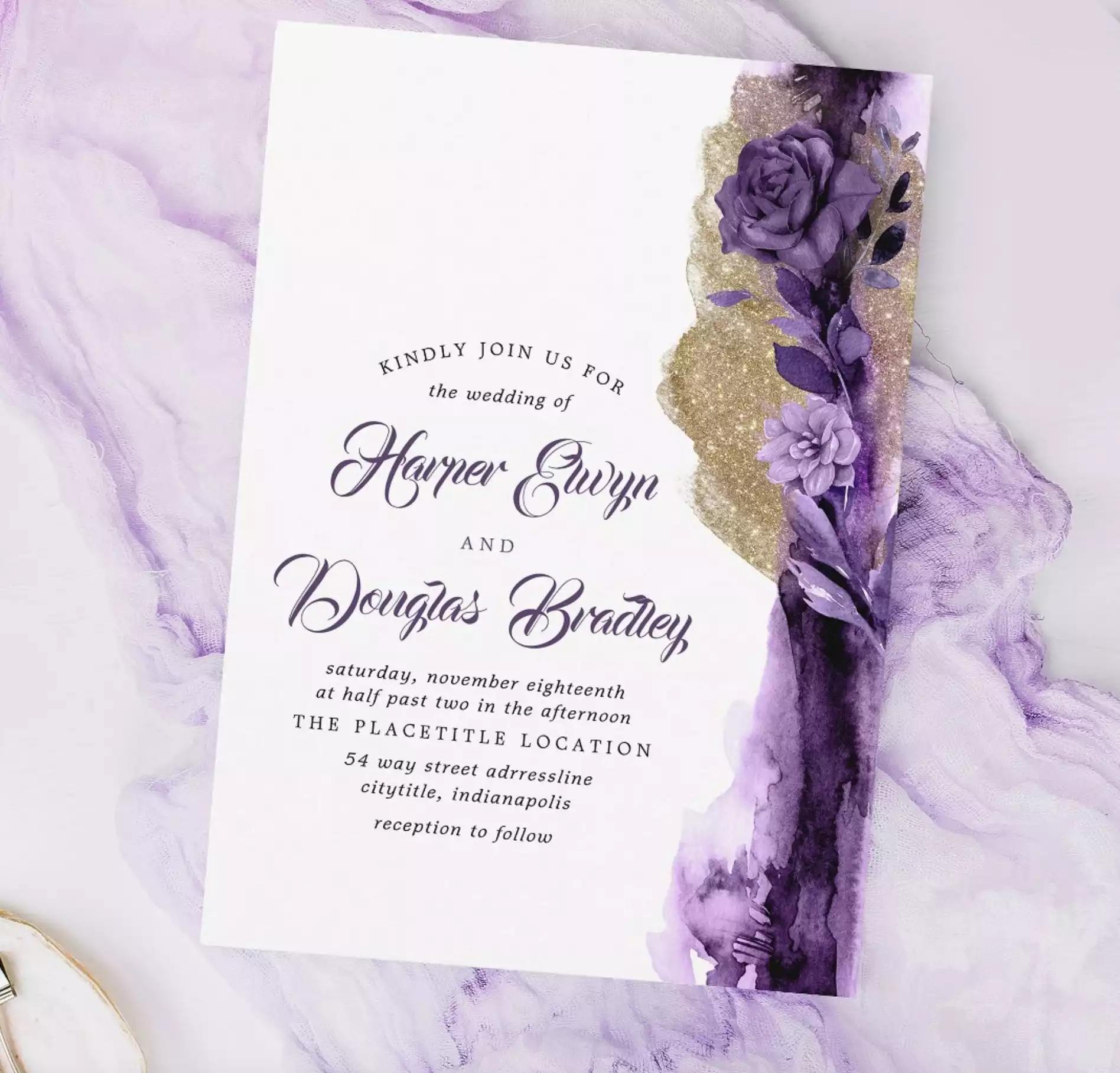 Plum Purple - Eggplant and Gold Floral Wedding Invitation