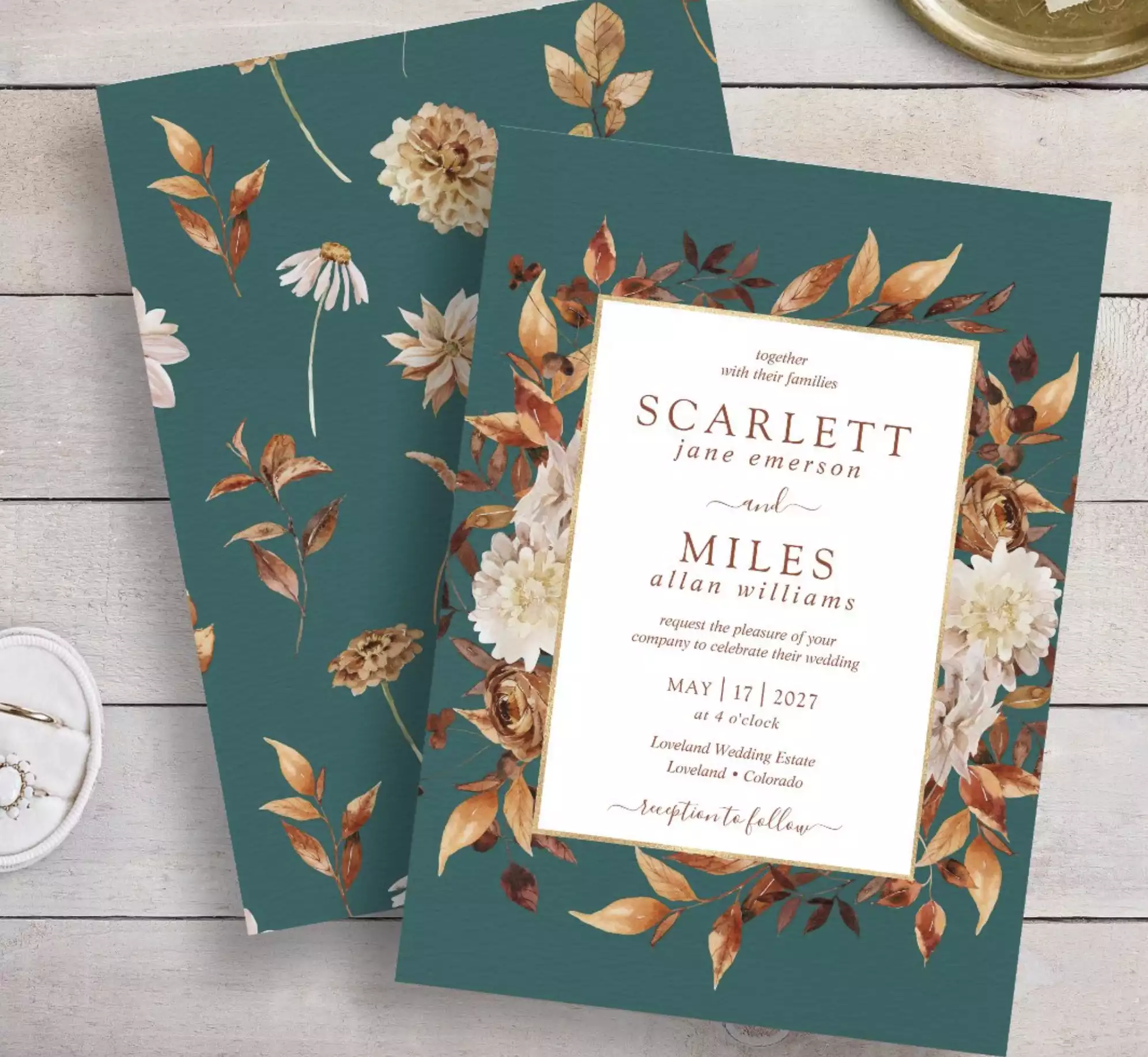 Teal Fall Terracotta Watercolor Floral Wedding Invitation