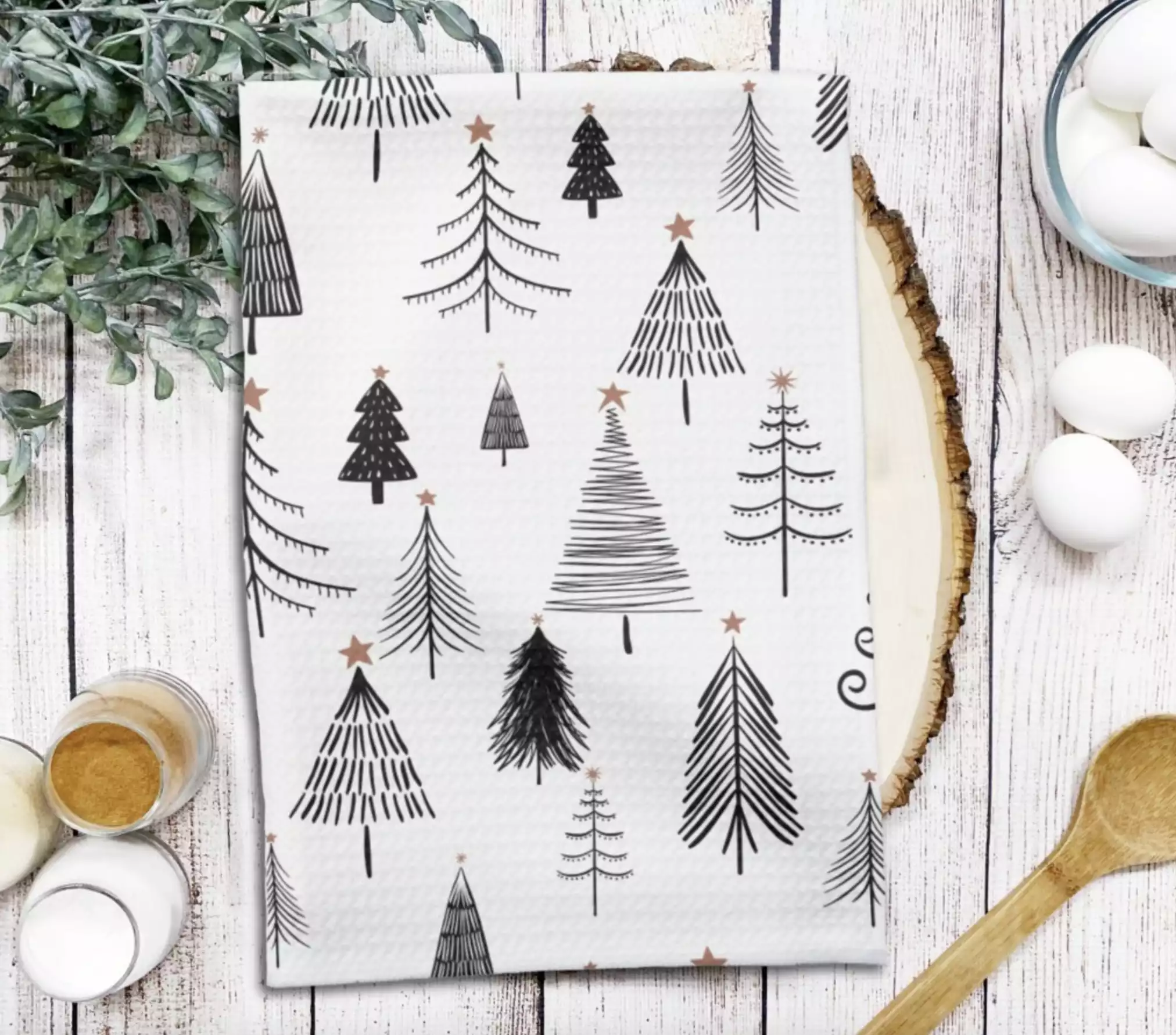 Black and White Christmas Trees Kitchen Towel