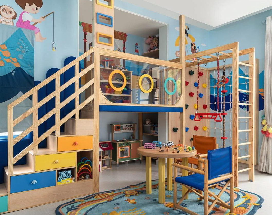 This playful space brings joy with its bright colors and fun designs. The vibrant walls and cheerful decor create a lively atmosphere perfect for children's creativity. It's a wonderful setting that invites laughter and imagination!