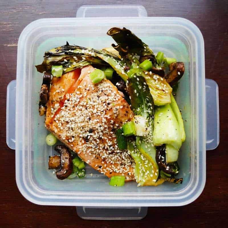 Sesame Salmon with Baby Bok Choy and Mushrooms