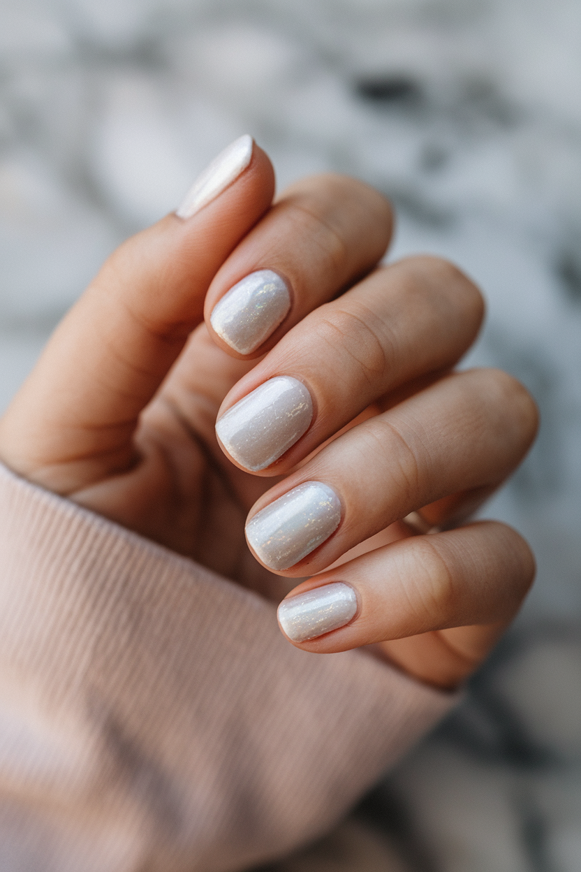 Shimmering Snow – These subtle, shimmery white nails are reminiscent of freshly fallen snow, adding a soft and chic glow to your winter look.