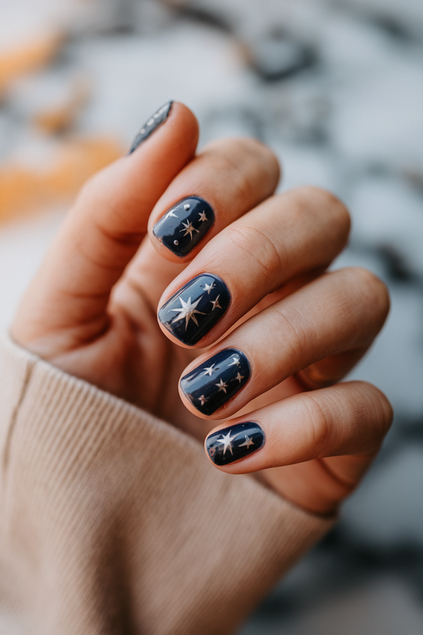 Silver Stars – This deep navy manicure with shimmering silver stars captures the beauty of a starlit winter night, adding a celestial charm to your nails.