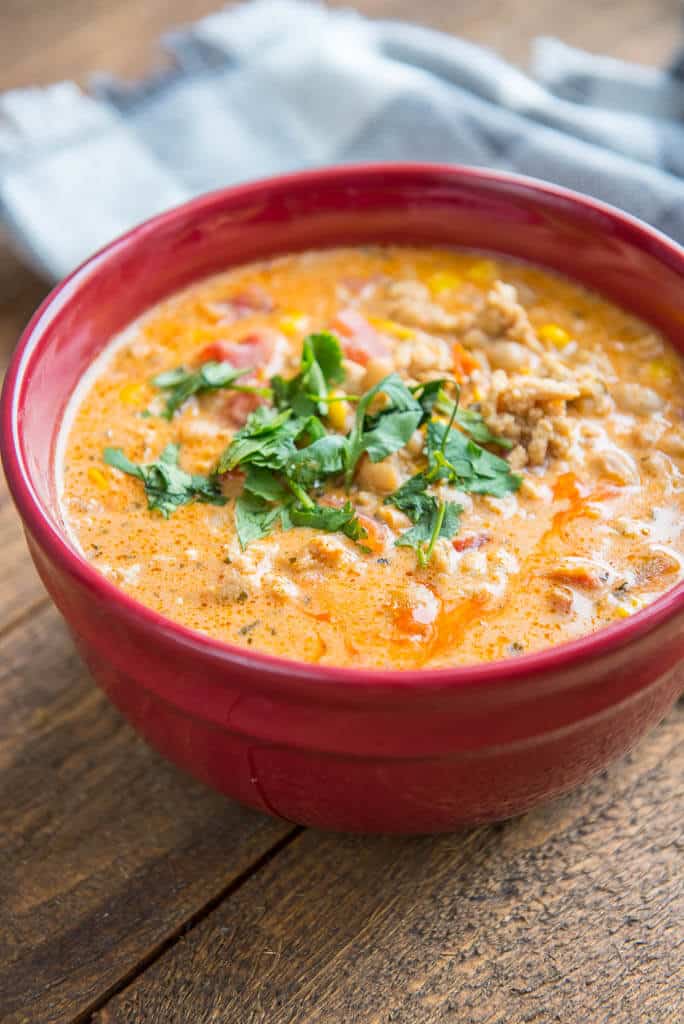 This cozy, protein-packed chili is loaded with shredded buffalo chicken, beans, and veggies. A comforting dish with just the right amount of heat.