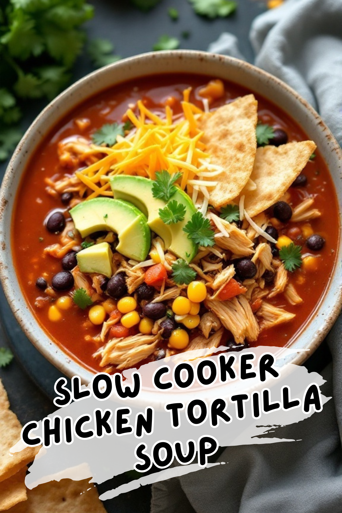 This slow cooker chicken tortilla soup is a cozy meal that you can whip up without any hassle. Just toss in some chicken, veggies, and spices, and let your slow cooker do the work. Top it off with tortilla chips and avocado for a delicious finish!