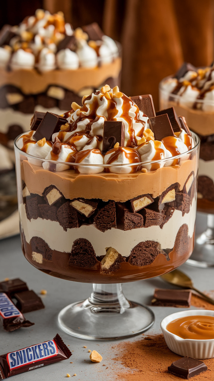 This Snickers trifle is a hit with teachers, churchgoers and kids! I guess you could use any of those miniature chocolates you have around at Christmastime on the top.