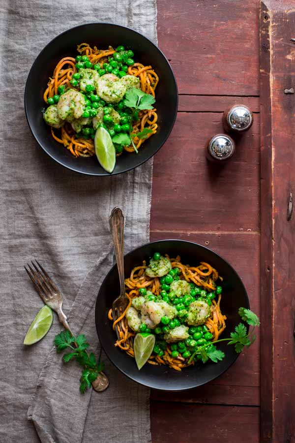 Sweet Potato Noodles with Shrimp and Cilantro Pesto