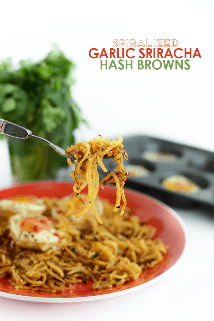 Spiralized Garlic Sriracha Hash Browns with Baked Eggs