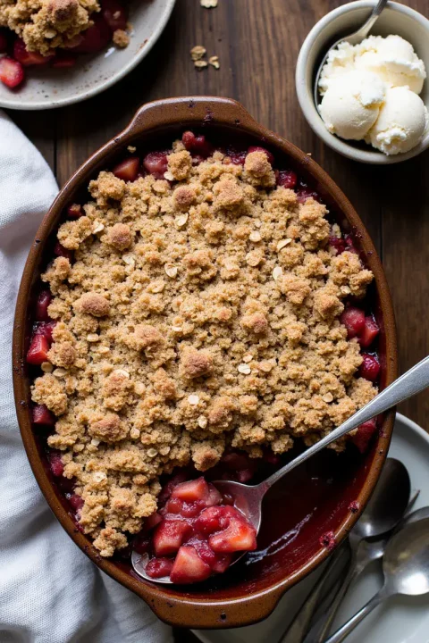 This Strawberry Rhubarb Crisp is sweet, tart, and topped with the perfect golden crumble—your go-to summer dessert! #fruitcrisp #strawberryrhubarb #easydessert