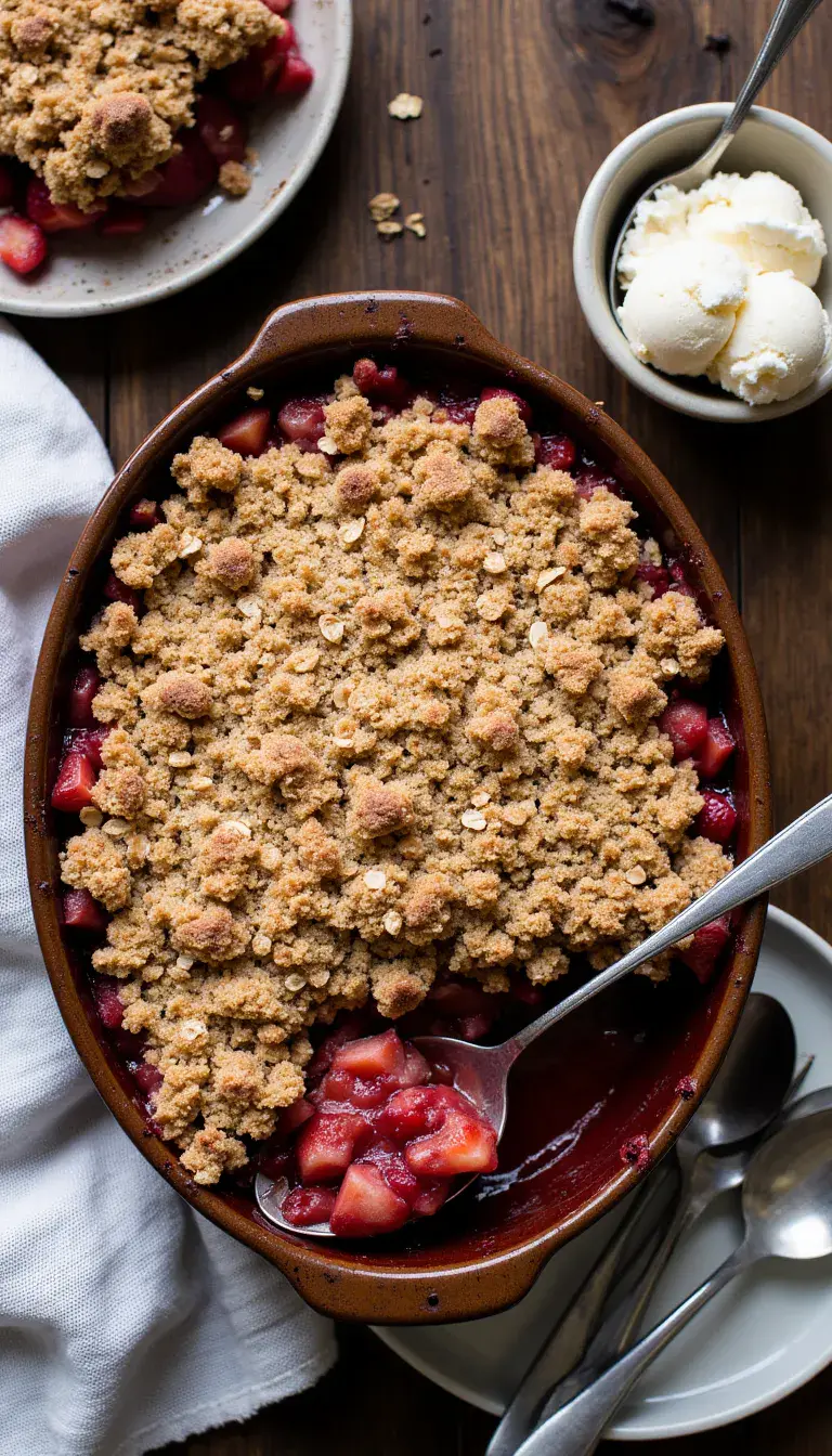 This Strawberry Rhubarb Crisp is sweet, tart, and topped with the perfect golden crumble—your go-to summer dessert! #fruitcrisp #strawberryrhubarb #easydessert