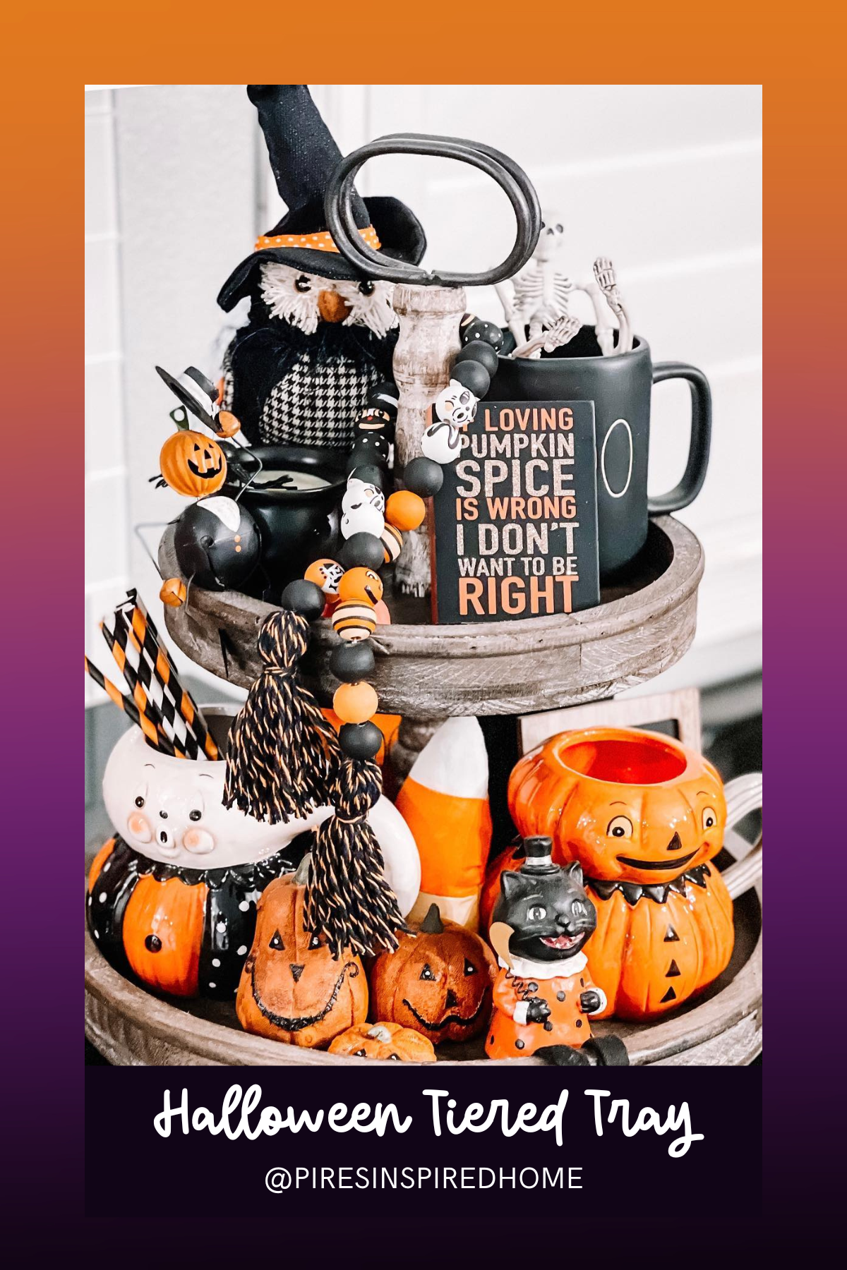 This delightful Halloween tray is a pumpkin-spice lover's dream! Featuring adorable pumpkins, a spooky black cat, and a playful sign proclaiming "Loving pumpkin spice is wrong, I don't want to be right," it's all about cozy autumn vibes with a witchy twist!