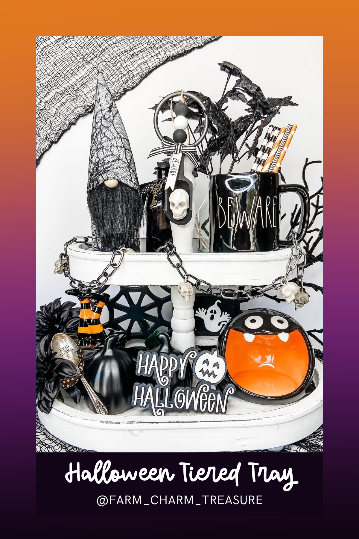 This spooky black-and-white tray features a mischievous gnome, chain decor, and a "Beware" mug, creating an eerie yet charming centerpiece that’s equal parts cute and creepy!