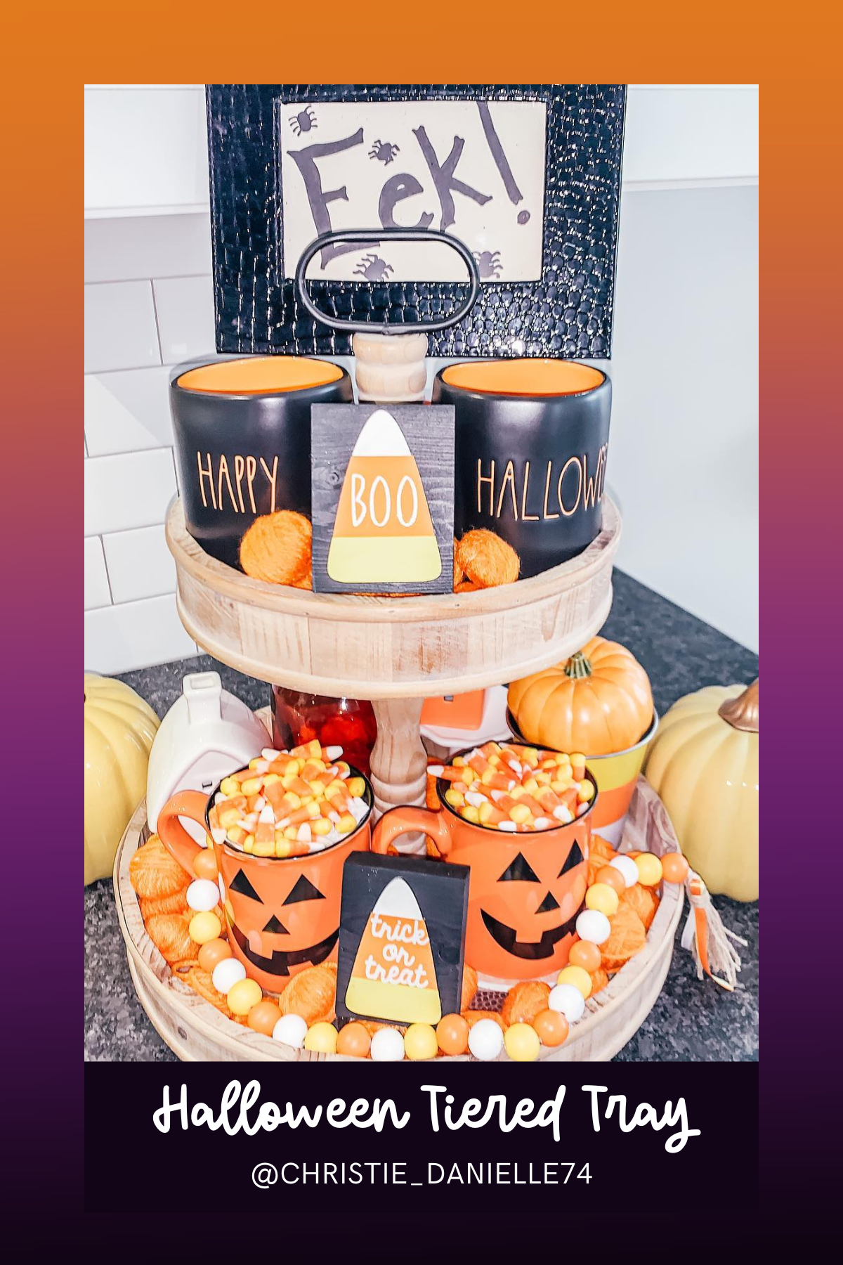 Classic Halloween meets candy corn fun in this cheerful tray filled with jack-o'-lantern mugs, candy corn decor, and a cute “Boo” sign, bringing plenty of Halloween sweetness to your home.