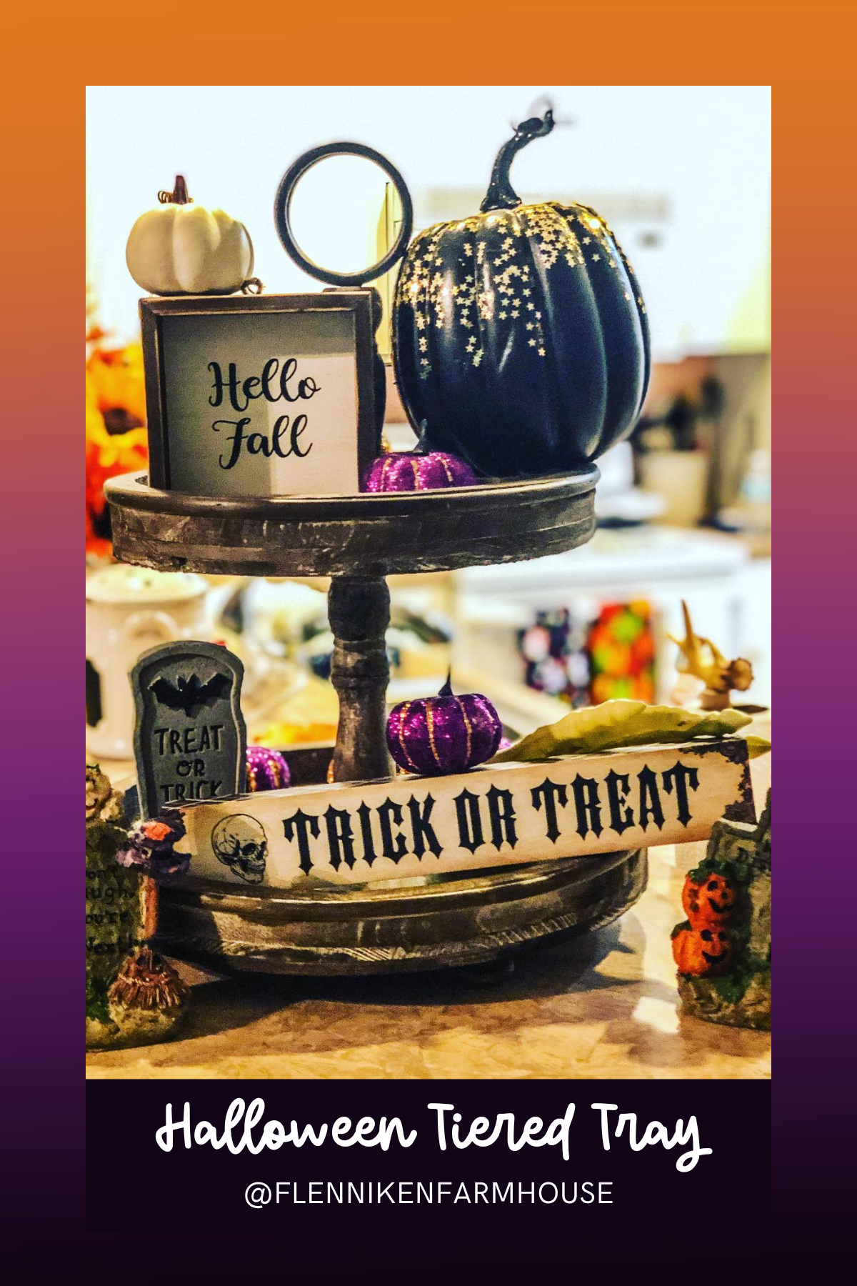 Fall is in full swing with this elegant black and gold pumpkin-themed tray! Glistening with gold stars and paired with classic "Hello Fall" signage, it's the perfect blend of spooky and stylish for your Halloween season.