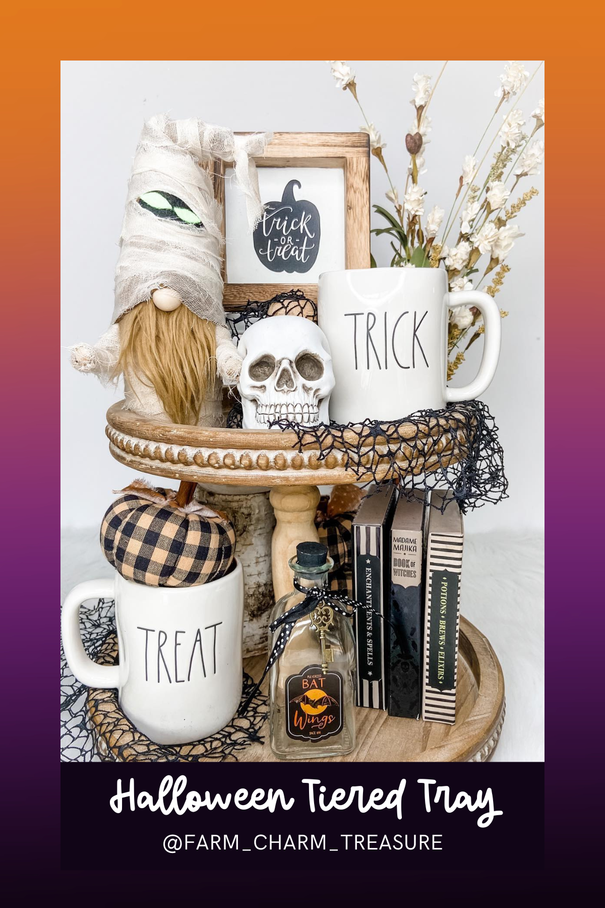 Whimsical and rustic, this tiered tray perfectly blends Halloween and farmhouse style with a charming mummy gnome, plaid pumpkins, and vintage-inspired "Trick" and "Treat" mugs. A delightful nod to Halloween fun with a touch of cozy!