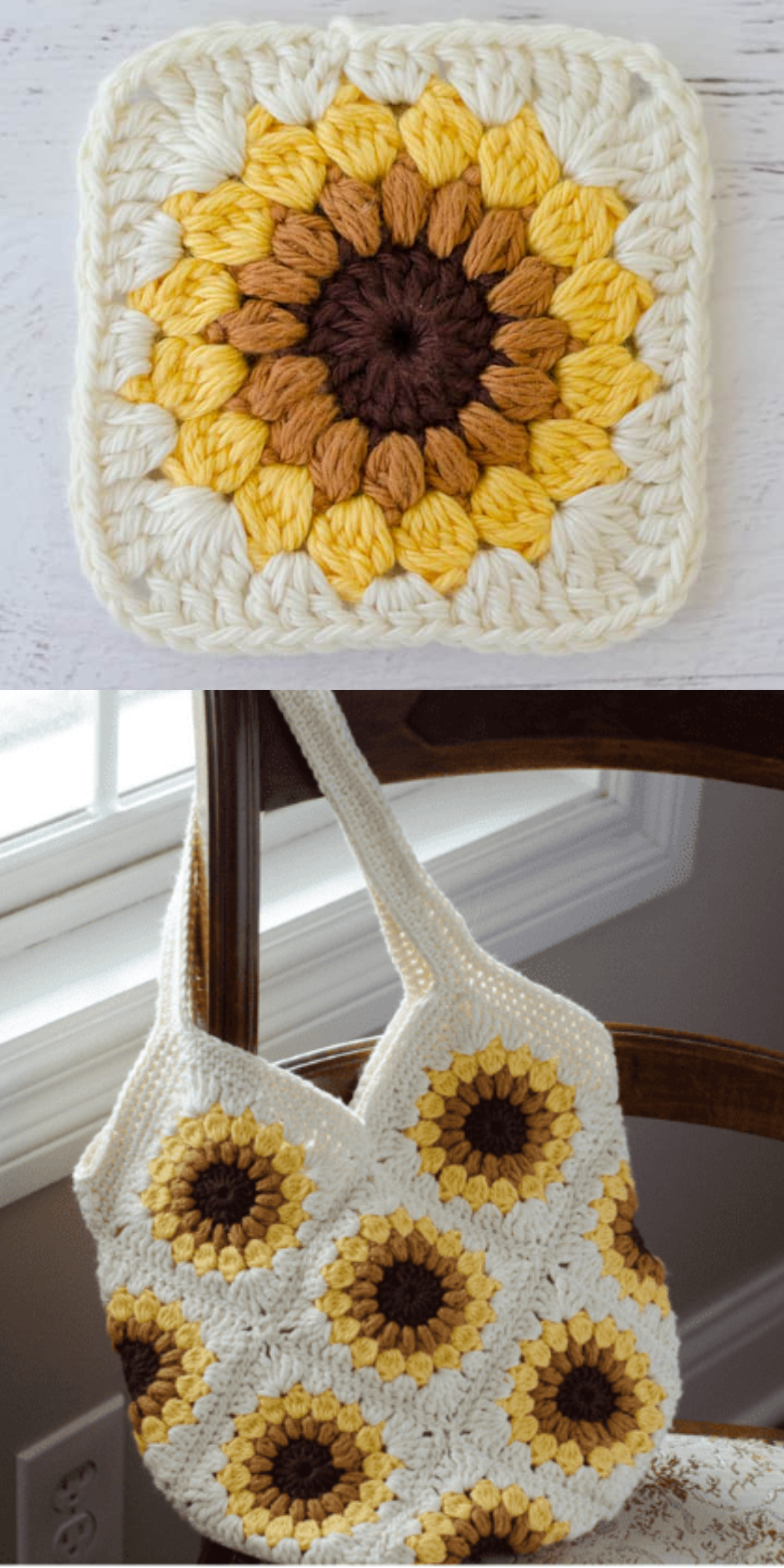 This tote bag is all about summery vibes with a cheerful sunflower front and center. It’s a stylish way to carry your essentials while showing off your crochet skills.