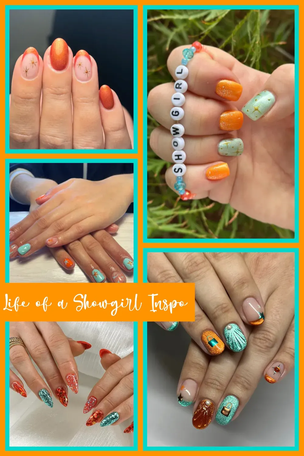 Swiftie Nail Art Ideas Inspired by Life of a Showgirl 🩵🧡 Get the Life of a Showgirl look! These Taylor Swift nail designs feature teal, orange, glitter, and stars—tribute nails every Swiftie will love. #TaylorSwiftNails #SwiftieInspo #ShowgirlNailArt