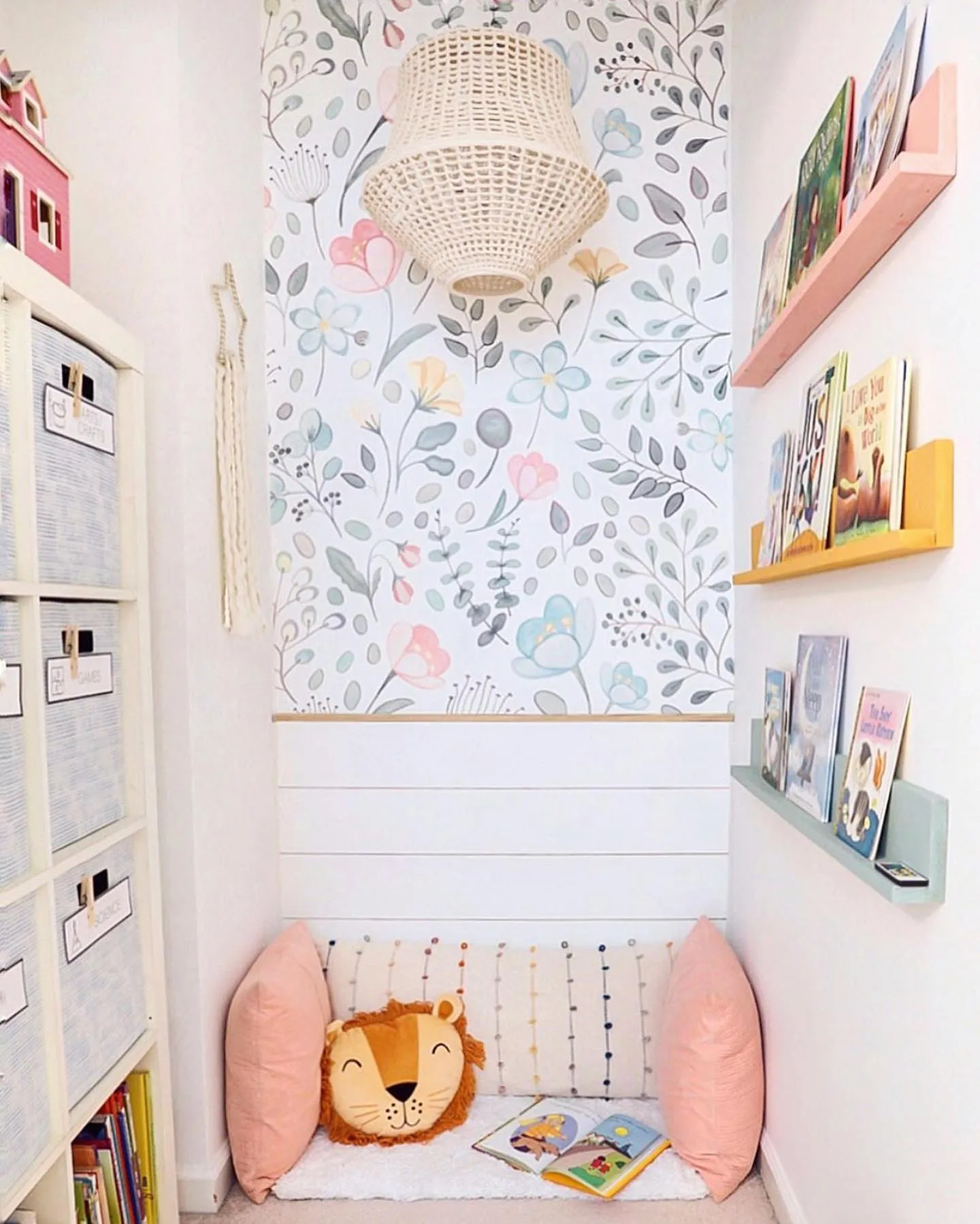 Whimsical Reading Nook – This dreamy reading corner transforms a tiny space with floating bookshelves, soft cushions, and warm lighting for a cozy, inviting feel.