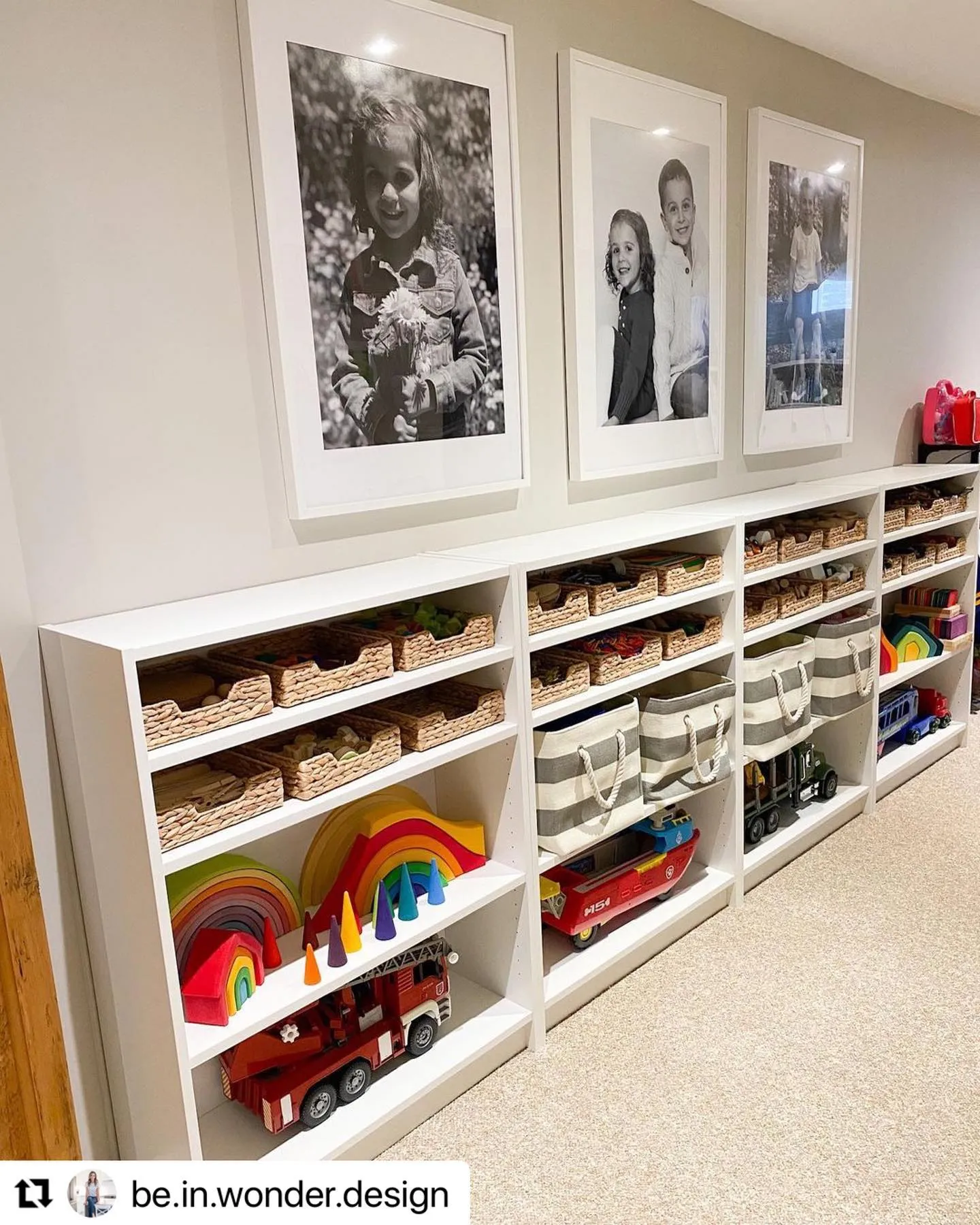 Sleek and Functional Toy Storage – A well-organized play area with low shelves and woven baskets to keep toys neat, making it easy for little ones to access and tidy up.