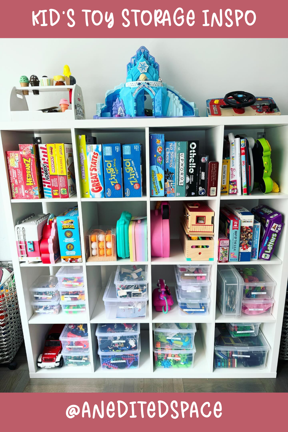 @ANEDITEDSPACE: This cubby unit is storage goals! From books to puzzles and larger playsets, everything has its own spot. I love how the clear bins at the bottom hold smaller toys, making them easy to see and grab for playtime.