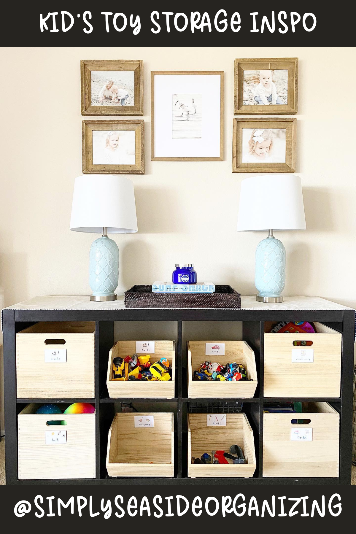 @SIMPLYSEASIDEORGANIZING: Mixing things up with a combo of bins and baskets! The cubby unit not only keeps toys in check, but it also doubles as a chic piece of furniture. Those open bins are perfect for action figures, blocks, and balls – simply toss them in!