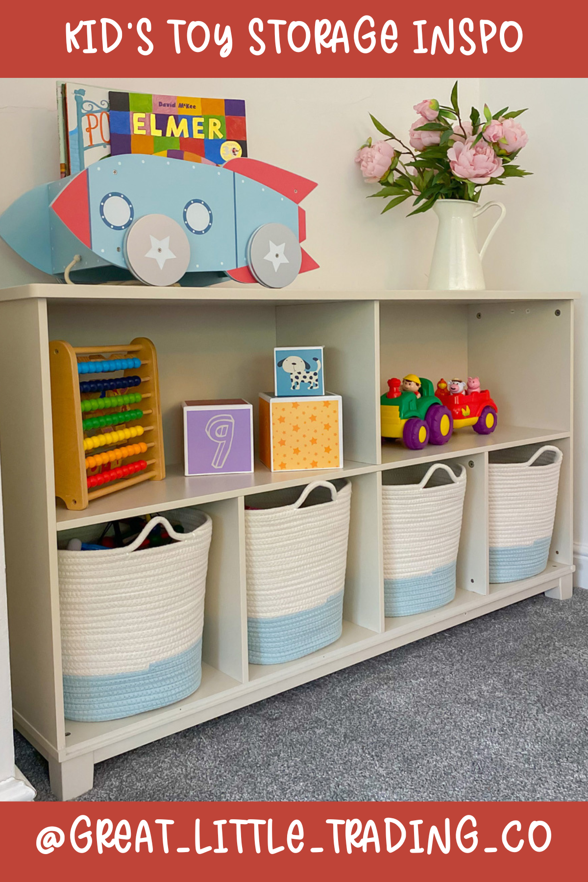 @GREAT_LITTLE_TRADING_CO: Minimalist yet totally functional! The cubbies are just the right size for woven baskets that hide the toy chaos inside. And the top shelf is perfect for displaying a few favorite books and toys – a great way to keep the room tidy but playful.