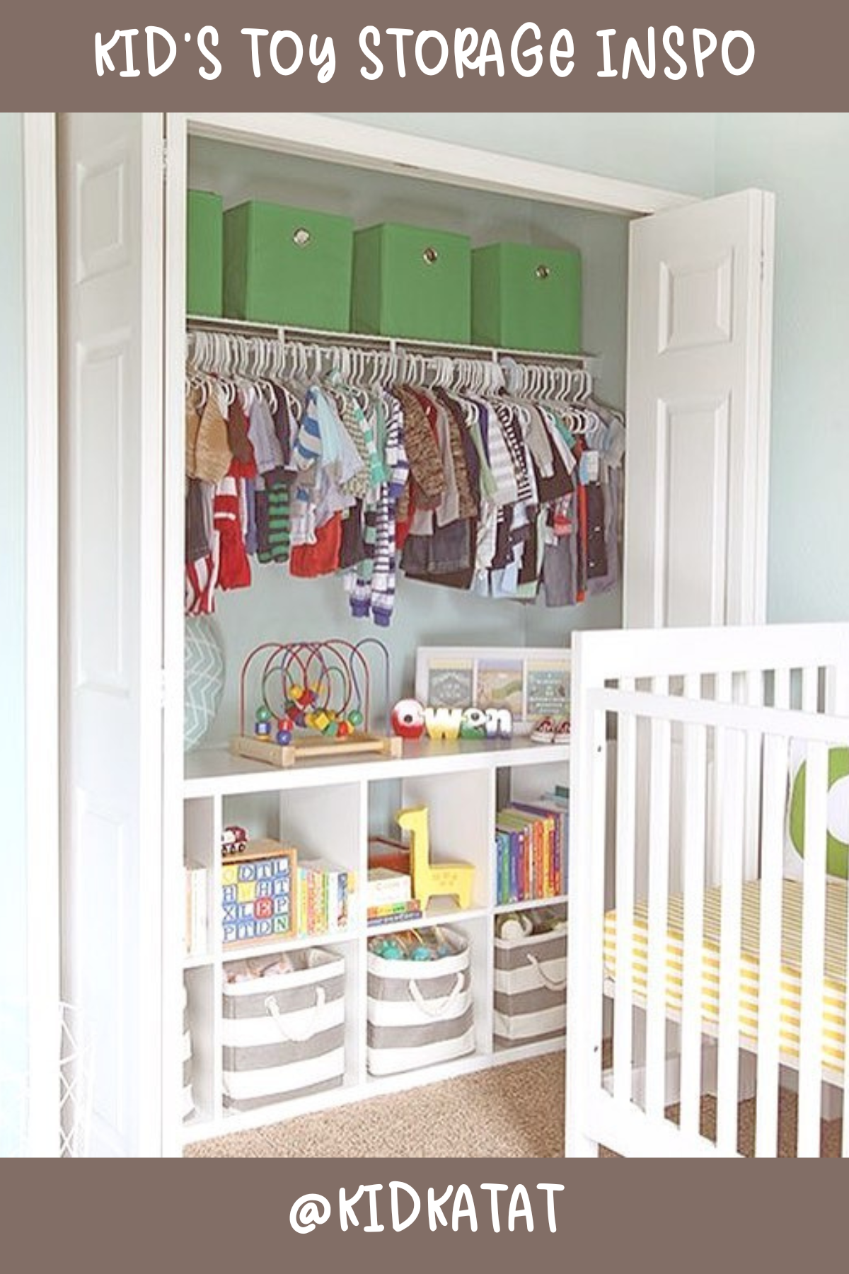 @KIDKATAT: Closet toy storage at its finest! The upper shelves hold fabric bins for extra storage, while the cubbies below keep books and toys neatly organized. It’s a perfect way to maximize closet space, especially in smaller rooms.