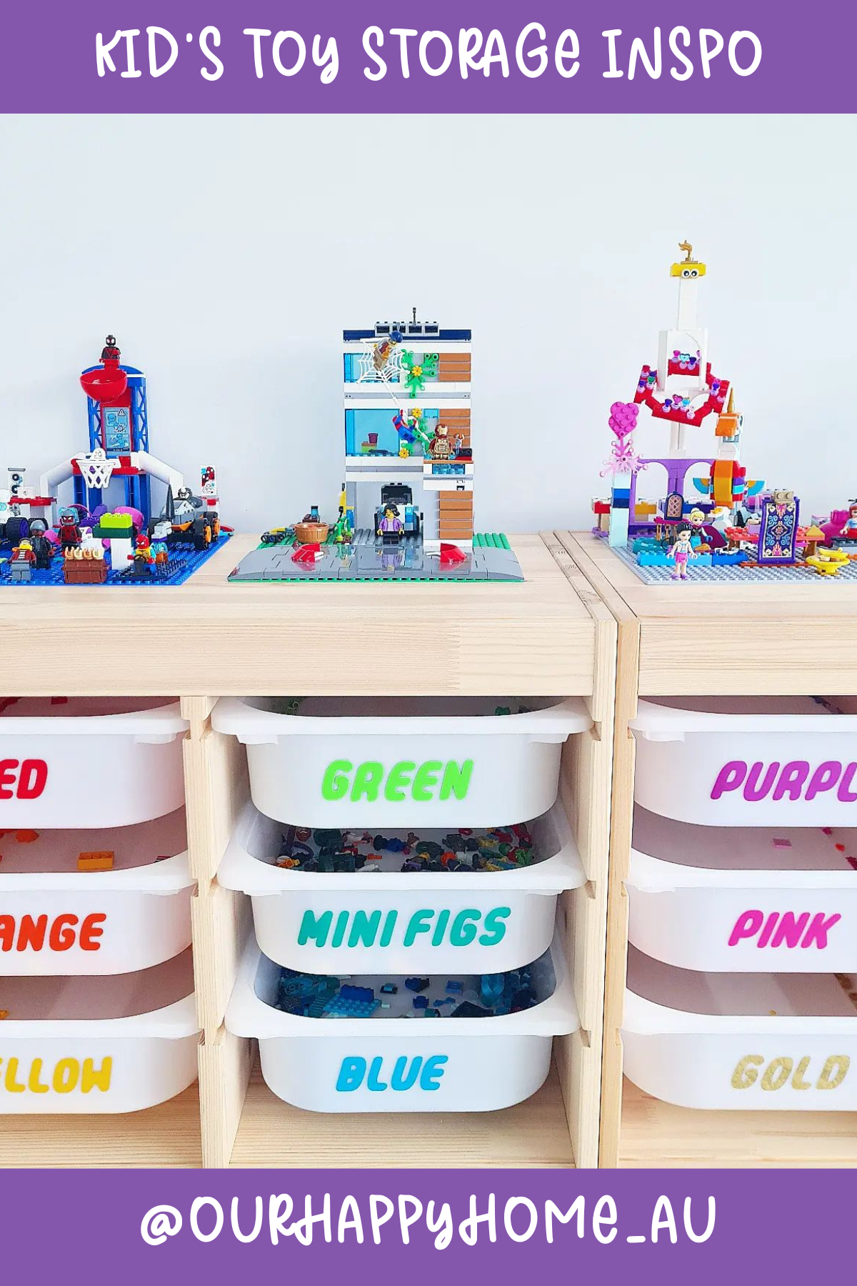 @OURHAPPYHOME_AU: Look at this bright and cheery storage! Each bin is labeled with bold, colorful vinyl to keep everything from “minifigs” to “pink bricks” in check. Plus, the top surface doubles as a Lego display area – so smart!