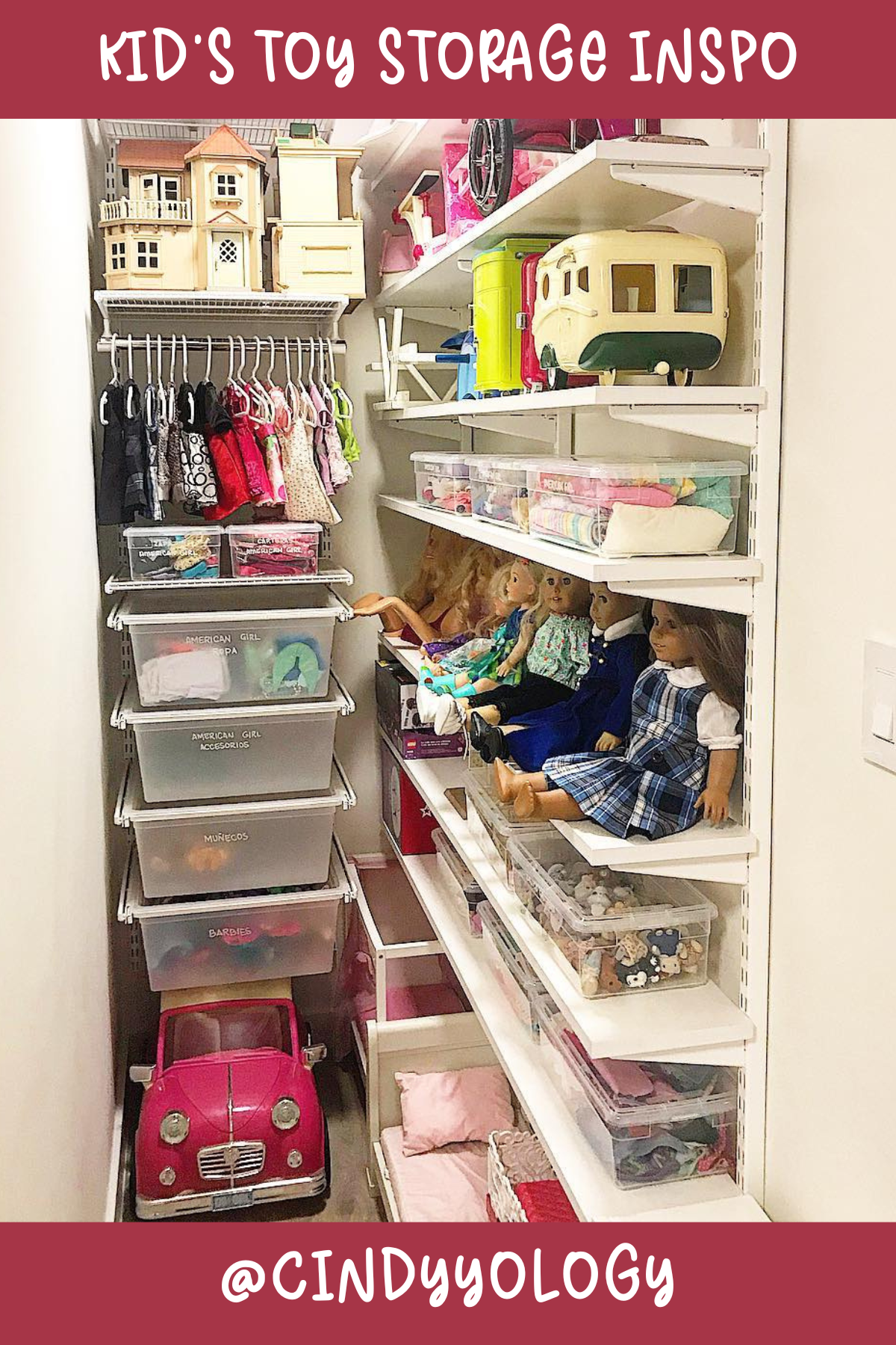 @CINDYYOLOGY: Closet storage at its finest! Clear bins stack neatly on shelves, perfect for those doll accessories and dress-up clothes. The hanging space keeps those doll outfits wrinkle-free and ready for the next playtime adventure!