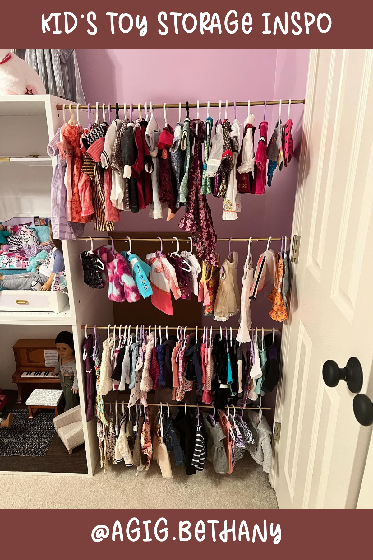 @AGIG.BETHANY: This doll closet is giving us serious organization envy! Multiple hanging rods hold all the doll clothes like a mini boutique. Now, your little one's dolls can have a fashion show any time!