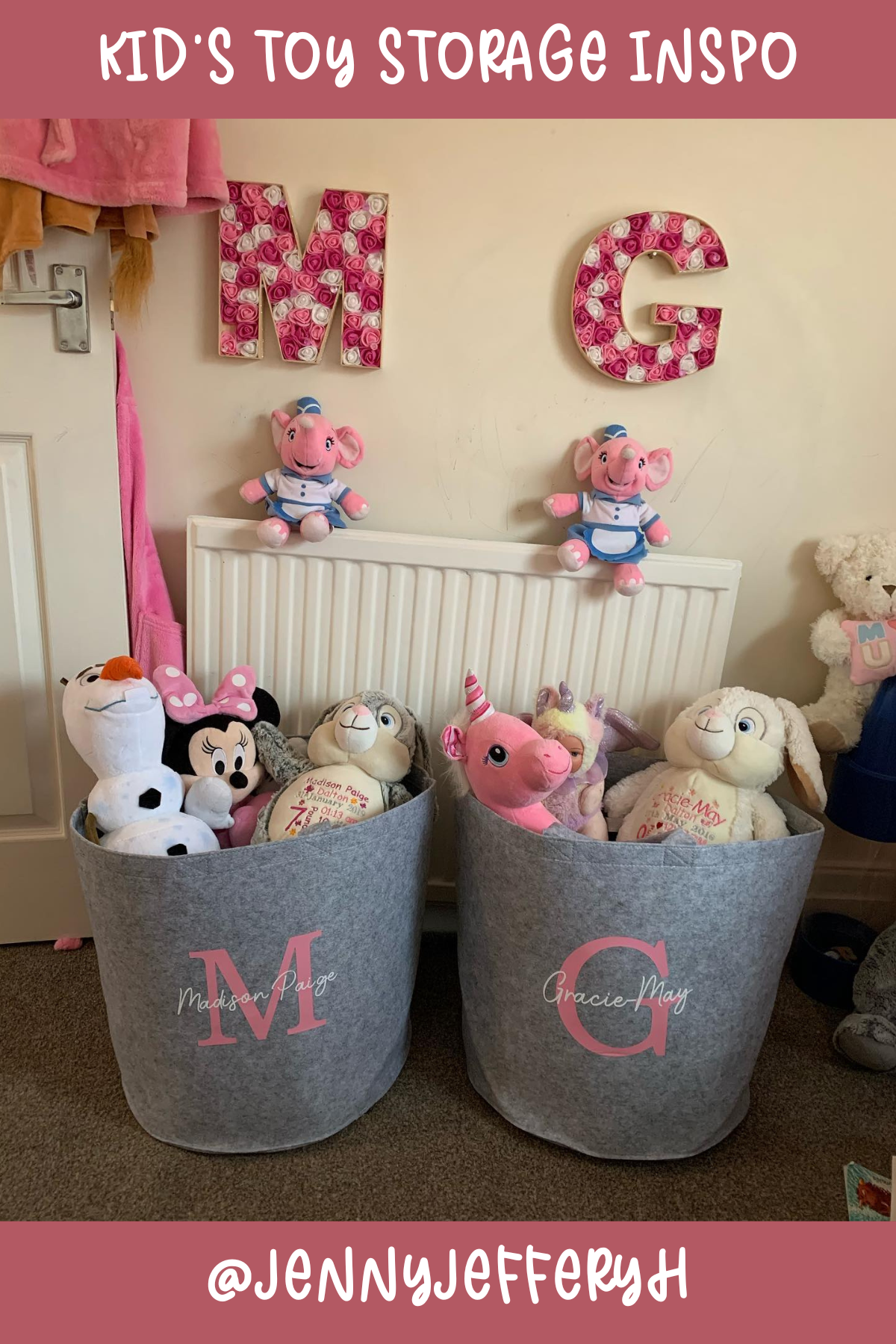 @JENNYJEFFERYH: Simple yet effective! These personalized felt bins are perfect for corralling stuffed animals and keeping them from taking over the room. The added names make it easy for each kiddo to know exactly where their plush friends belong.