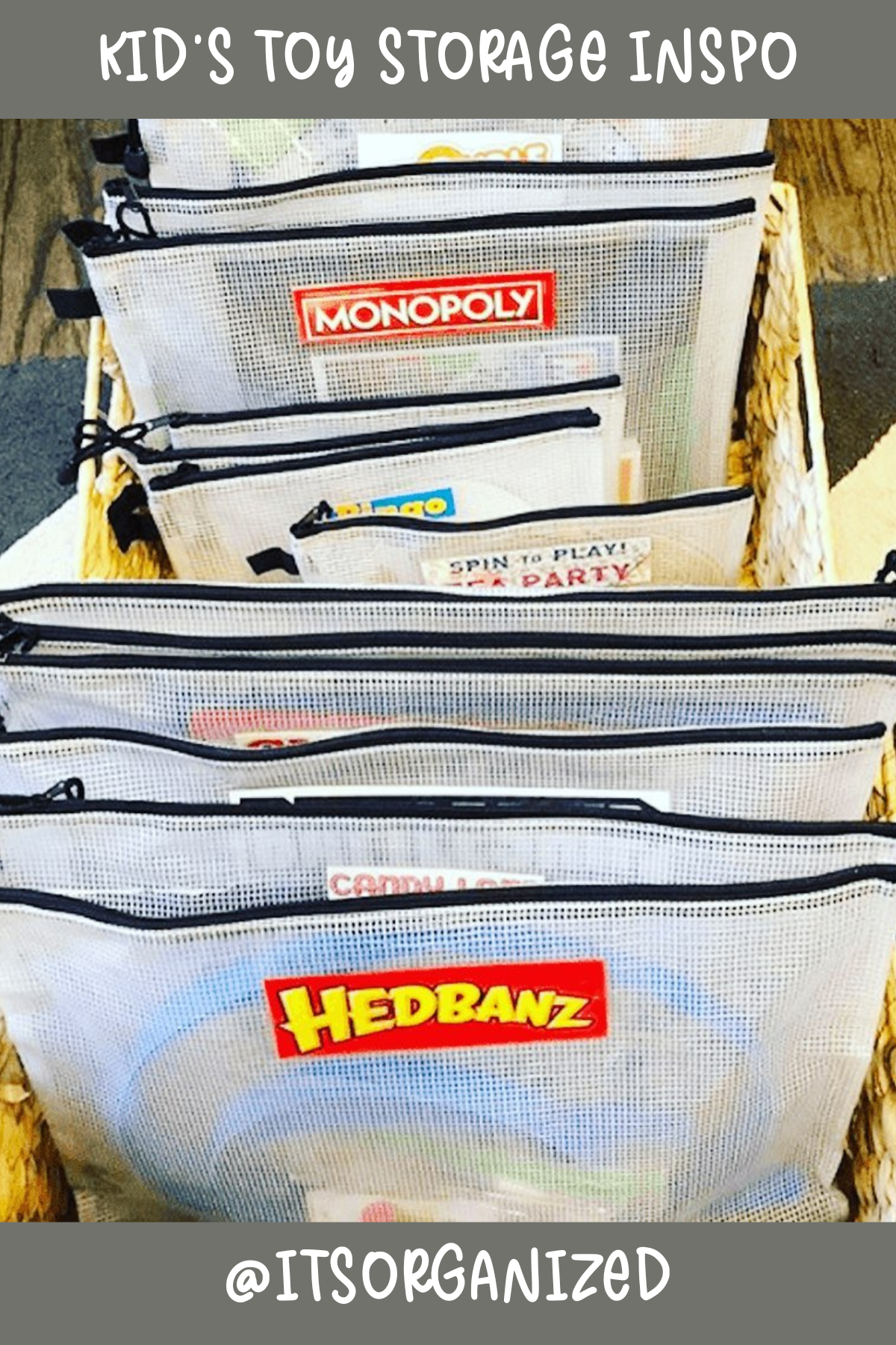 @ITSORGANIZED: This one's a clever use of zippered mesh pouches to store board games! No more bulky game boxes or lost pieces; just grab the pouch you need and play away. Everything’s stored in one tidy basket – now, that's organized living!