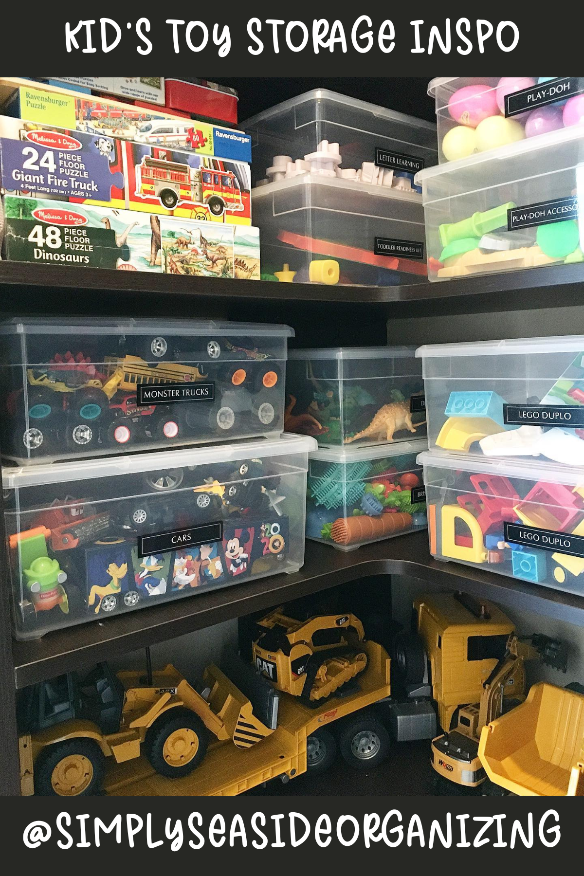 @SIMPLYSEASIDEORGANIZING: Shelves stacked with labeled clear bins? Yes, please! It’s a great way to keep different toy categories separate and easy to find. The large, deep bins at the bottom make it simple to toss in those bigger items like trucks and building sets.