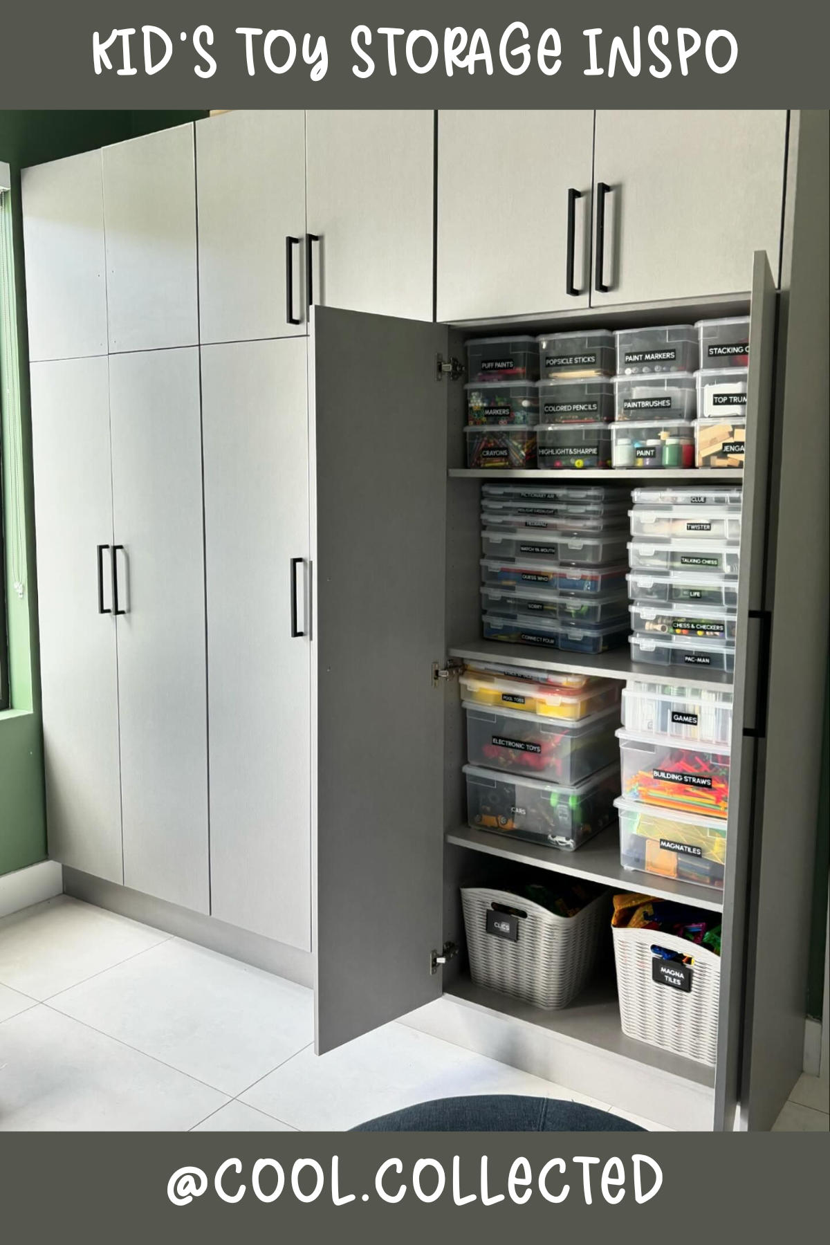 @COOL.COLLECTED: Behind closed doors, we have toy storage magic! Cabinets filled with labeled clear bins create a clutter-free look, while keeping every toy easily accessible. The variety of bin sizes means there's a place for everything – genius!