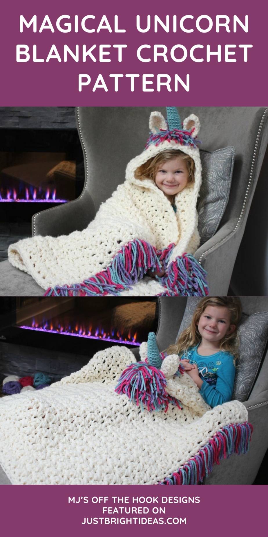 Just look at that unicorn blanket... it's STUNNING! I LOVE the tassels along the edge that match the mane, and oh the horn and the ears on the hood! If your little girl LOVES unicorns she will be in seventh heaven if you make her a blanket to snuggle up in.