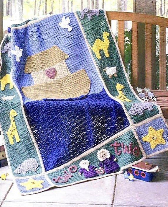 Vintage Noahs Ark Baby Crochet Blanket