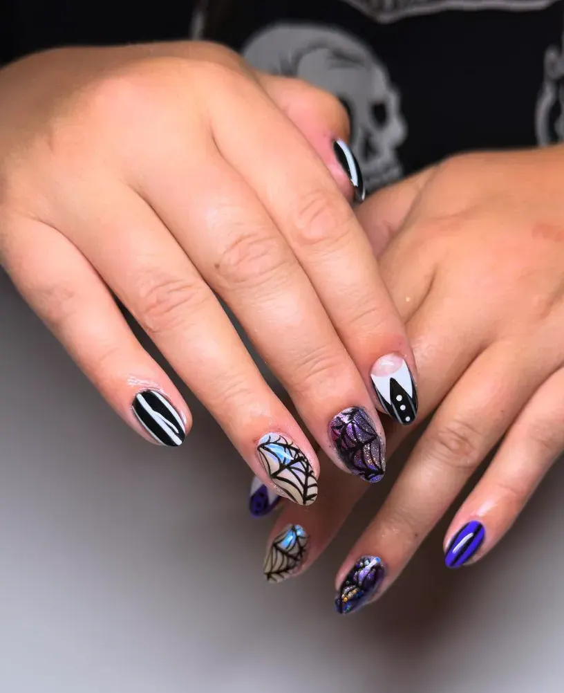 Black, white, and webbed perfection. This design captures everything iconic about Wednesday’s aesthetic — sharp contrasts, clean lines, and a little eerie charm.