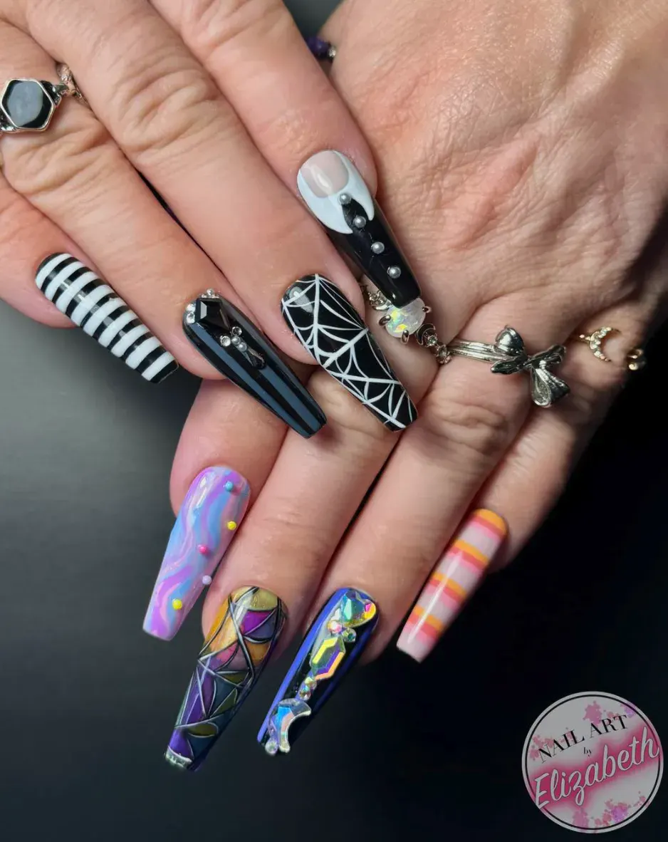 A fun mix of moody purples, pinks, and stained-glass details for those who want a pop of color while keeping it in the Nevermore spirit. Think Enid’s sparkle meets Wednesday’s gloom.