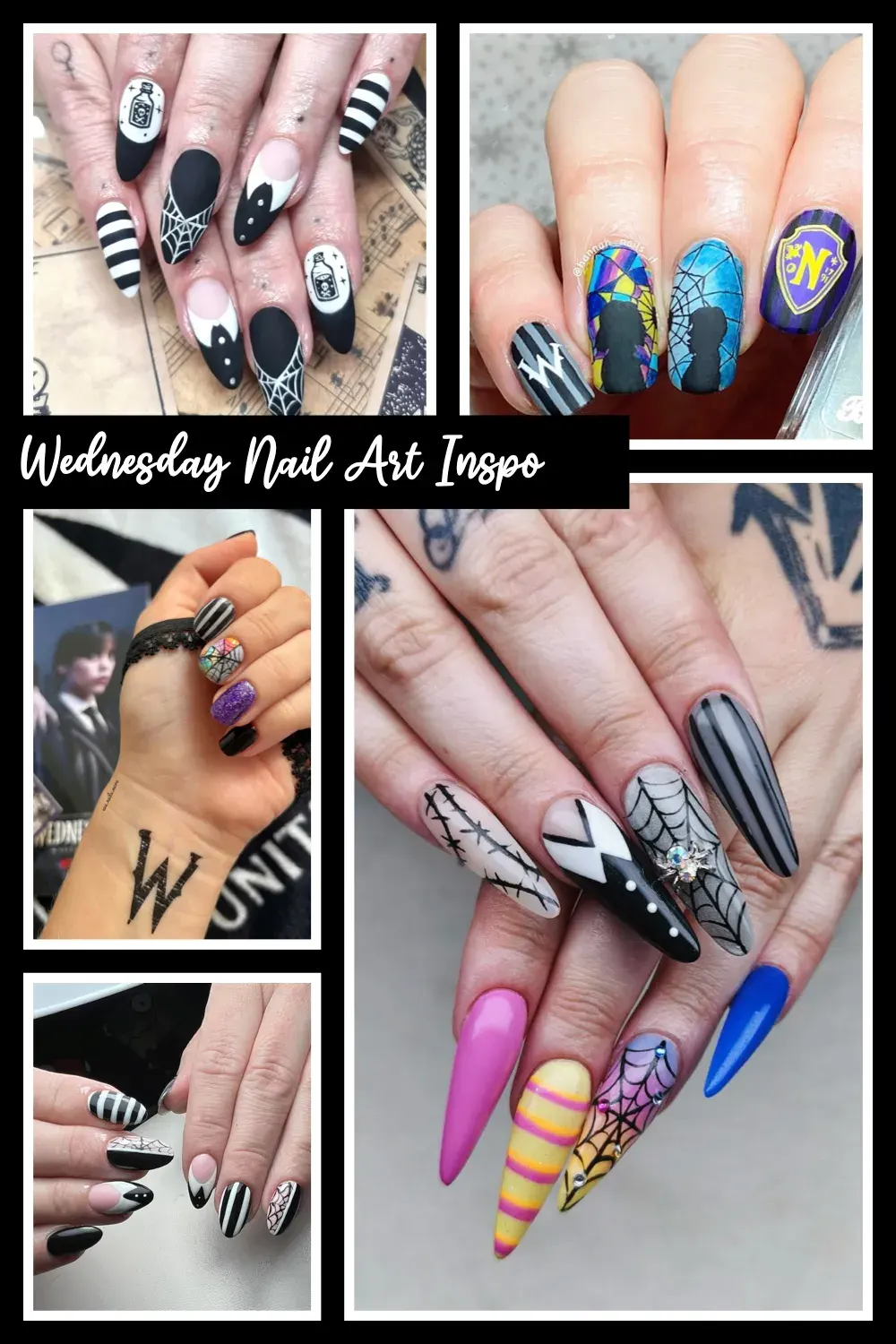 Wednesday Addams Nail Art Inspo You’ll Want This October 🕸️✨ Channel your inner Wednesday with these nail ideas! From matte black webs to stained glass details inspired by Nevermore Academy. #WednesdayNailArt #GothicNails #WednesdayAddams