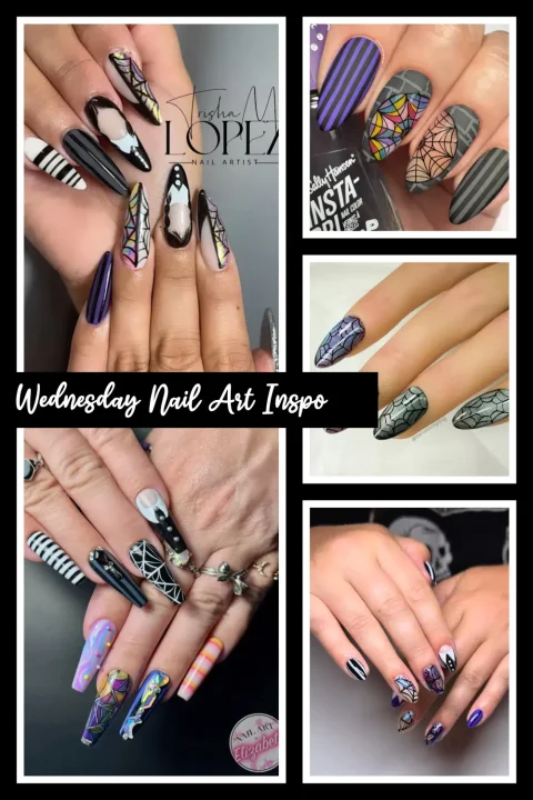 These Wednesday Addams–inspired nails are spooky, stylish, and totally wearable. Think stripes, spiderwebs, and eerie elegance for your next mani. #WednesdayNails #HalloweenManicure #GothicNailArt