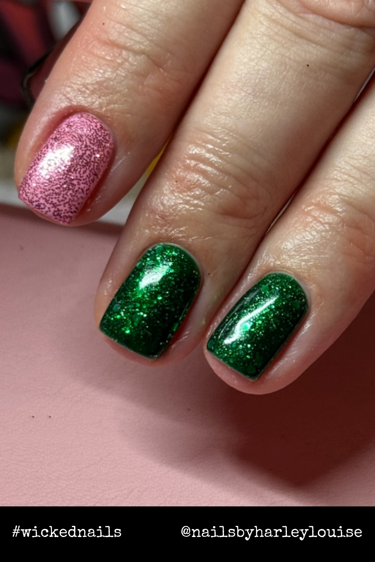 Glittery simplicity with deep green and soft pink nails captures the essence of both characters without overcomplicating.