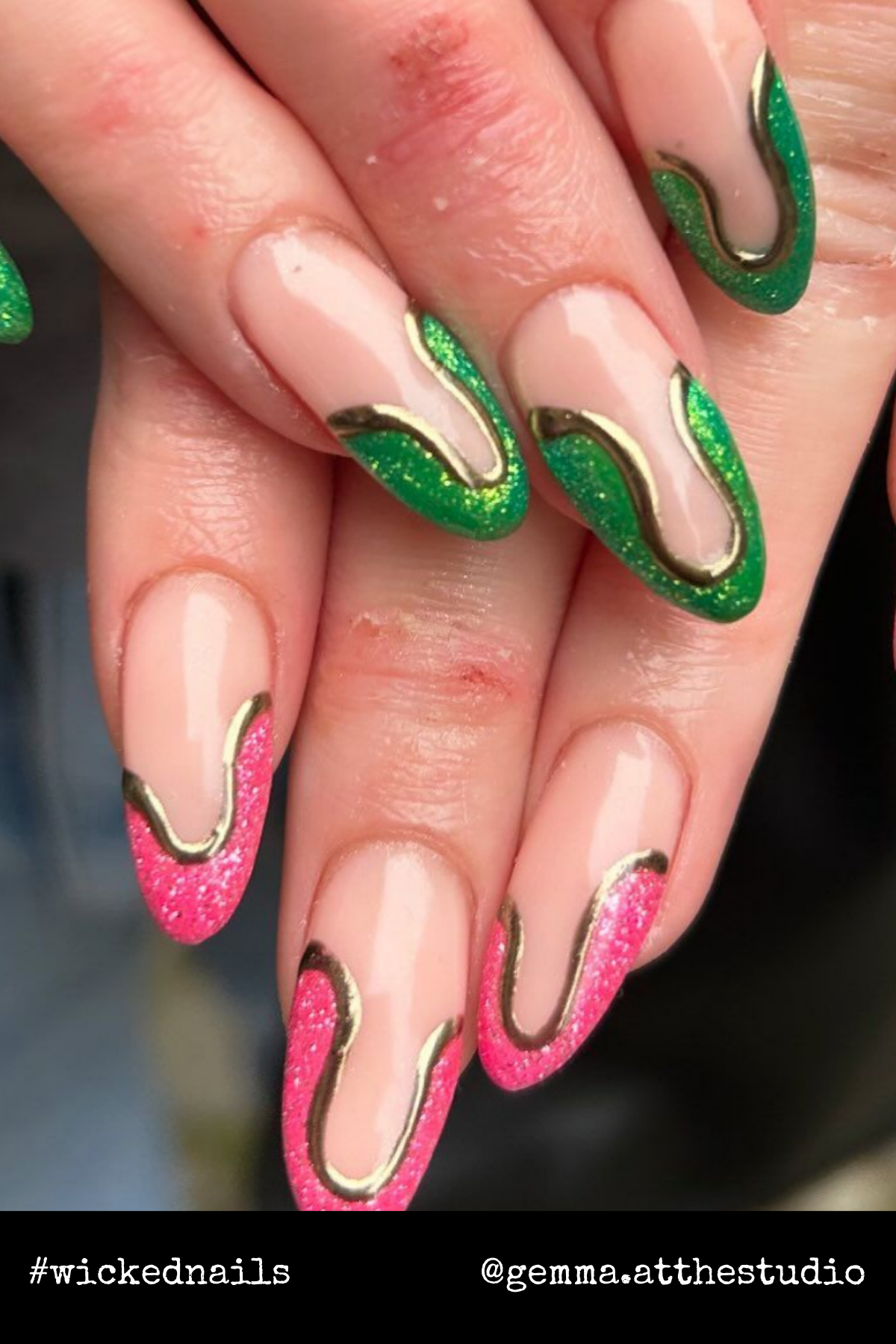 Wave-inspired green and pink glitter accents bordered with gold create a mesmerizing, whimsical look.