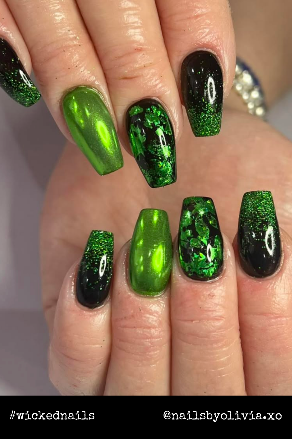 Rich greens and blacks with shimmering finishes evoke the mysterious allure of Elphaba’s world.