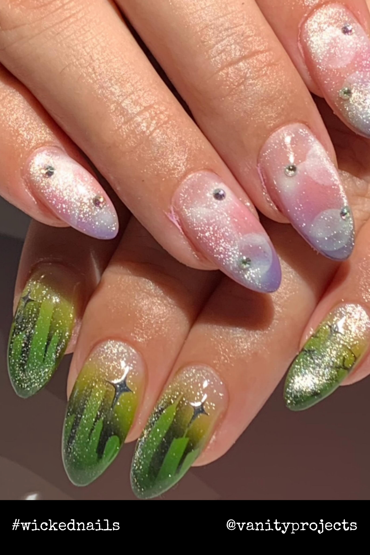 Ombre designs blending soft pink into glittering green with tiny rhinestones evoke the dreamy magic of Oz’s landscapes.