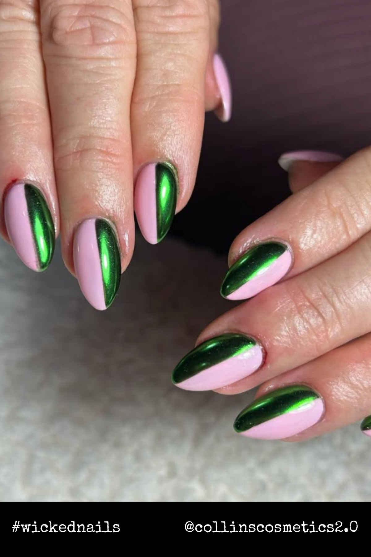 A metallic green swoop contrasts beautifully with a soft pink backdrop, channeling Elphaba’s mystique and elegance with a modern twist.