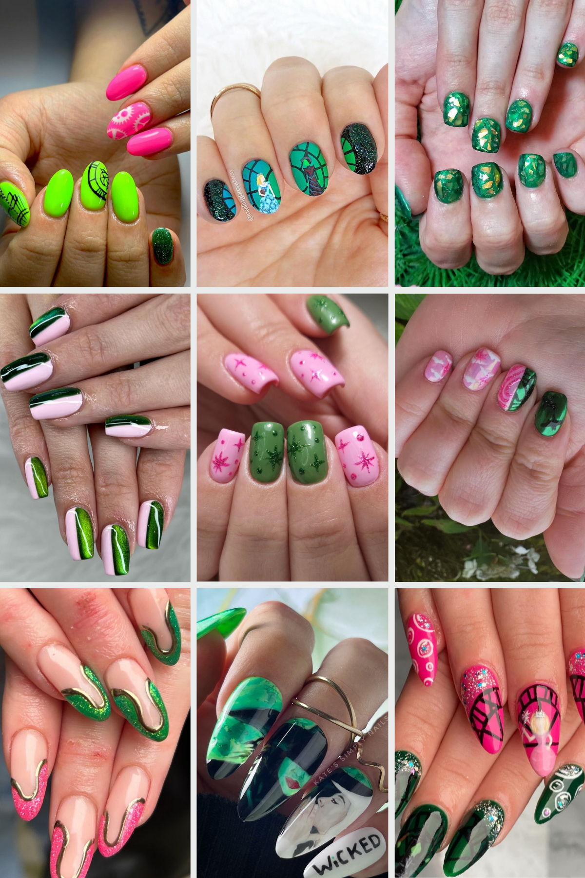 Whether you love Glinda’s sparkle or Elphaba’s edge, these Wicked-inspired nails are perfect for your next mani! 💖💚 Channel the magic of Oz with glitter, greens, and glam. #WickedInspired #NailArtGoals #DefyGravity 💅